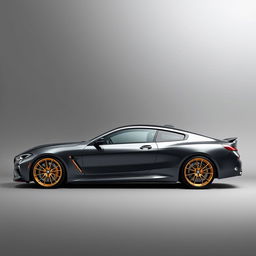 A sleek BMW M8 with shiny gold wheels showcased prominently against a stylish grey background