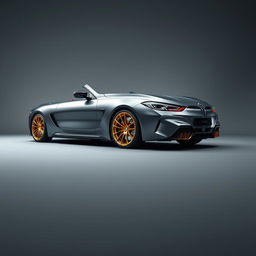 A sleek BMW M8 with shiny gold wheels showcased prominently against a stylish grey background