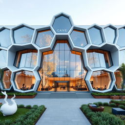 A complete view of a cultural center facade designed by architect Bjarke Ingels, showcasing its striking hexagonal architecture