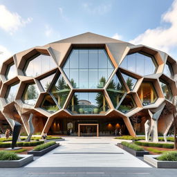 A complete view of a cultural center facade designed by architect Bjarke Ingels, showcasing its striking hexagonal architecture