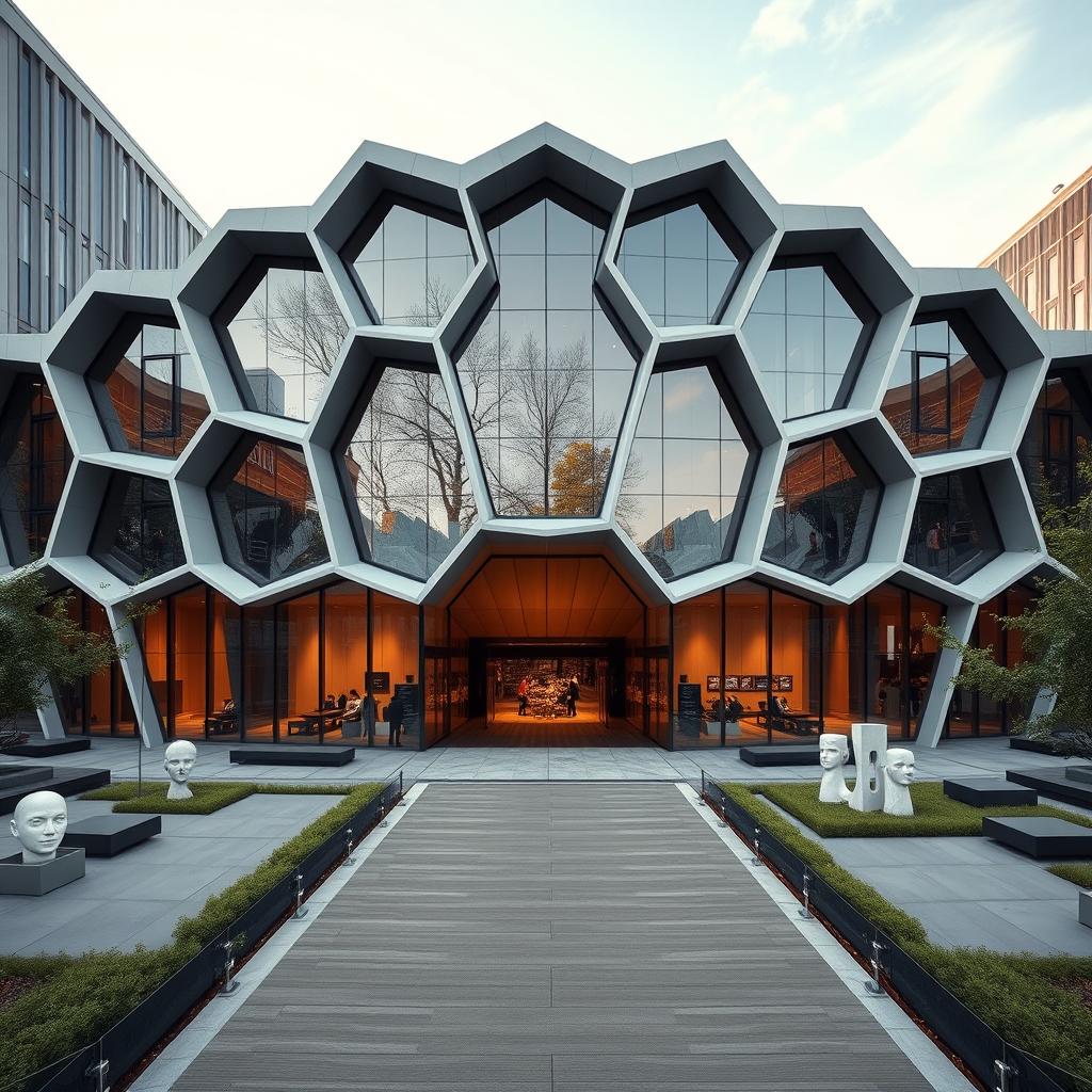 A complete view of a cultural center facade designed by architect Bjarke Ingels, showcasing its striking hexagonal architecture