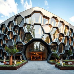 A complete view of a cultural center facade designed by architect Bjarke Ingels, showcasing its striking hexagonal architecture