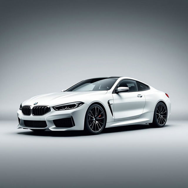 A sleek BMW M8 with a glossy white finish showcased prominently against a stylish grey background