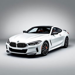 A sleek BMW M8 with a glossy white finish showcased prominently against a stylish grey background