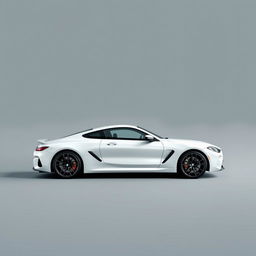 A sleek BMW M8 with a glossy white finish showcased prominently against a stylish grey background