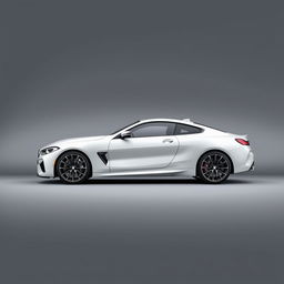 A sleek BMW M8 with a glossy white finish showcased prominently against a stylish grey background