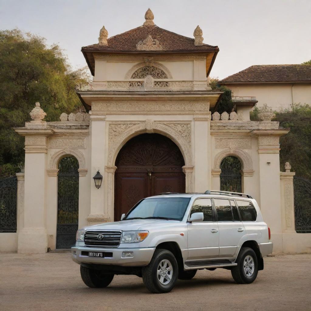 A gleaming Toyota Land Cruiser parked outside a grand villa's ornate gate, bathed in gentle evening light.