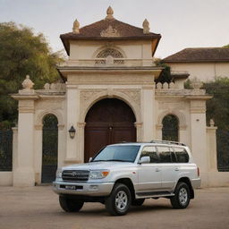 A gleaming Toyota Land Cruiser parked outside a grand villa's ornate gate, bathed in gentle evening light.