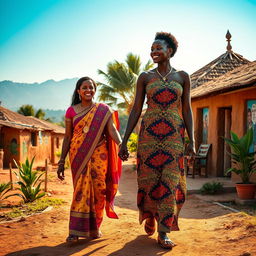 A beautiful scene depicting an Indian woman and an African woman walking hand in hand through a vibrant African village