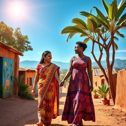 A beautiful scene depicting an Indian woman and an African woman walking hand in hand through a vibrant African village