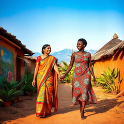 A beautiful scene depicting an Indian woman and an African woman walking hand in hand through a vibrant African village