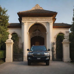 A gleaming Toyota Land Cruiser parked outside a grand villa's ornate gate, bathed in gentle evening light.