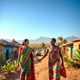 A beautiful scene depicting an Indian woman and an African woman walking hand in hand through a vibrant African village