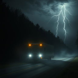 A dark and eerie scenario depicting a massive trailer on a desolate road at night surrounded by ominous trees casting long shadows