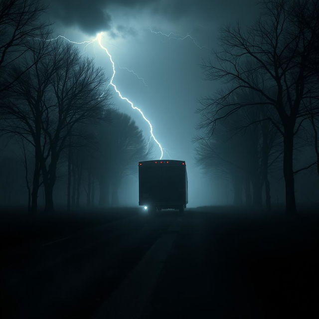 A dark and eerie scenario depicting a massive trailer on a desolate road at night surrounded by ominous trees casting long shadows