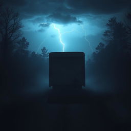 A dark and eerie scenario depicting a massive trailer on a desolate road at night surrounded by ominous trees casting long shadows