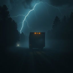 A dark and eerie scenario depicting a massive trailer on a desolate road at night surrounded by ominous trees casting long shadows