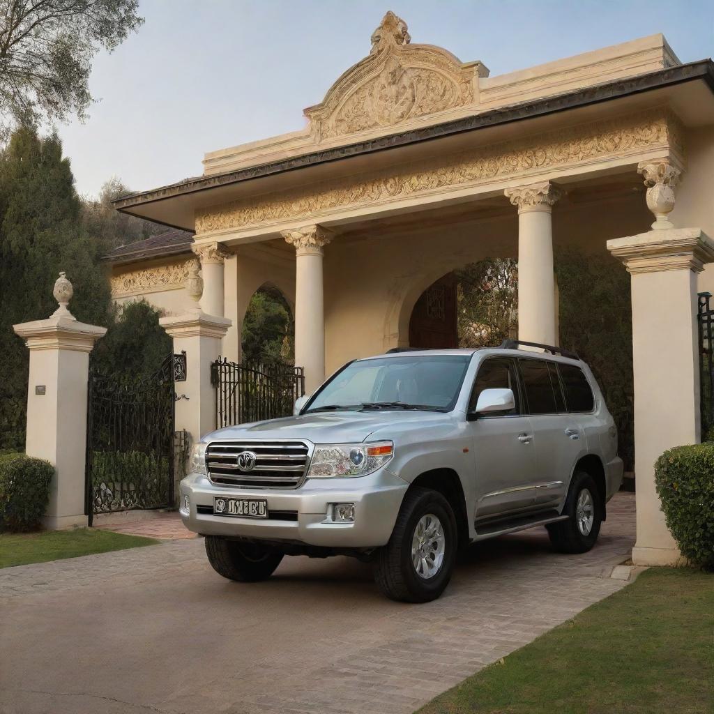 A gleaming Toyota Land Cruiser parked outside a grand villa's ornate gate, bathed in gentle evening light.