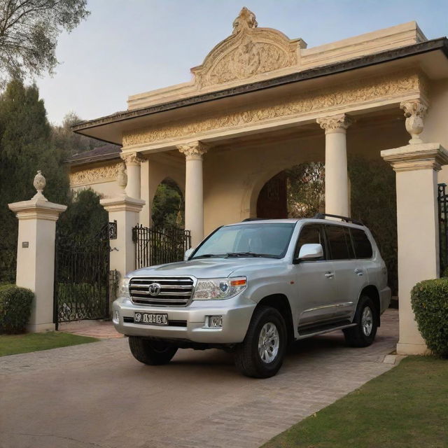 A gleaming Toyota Land Cruiser parked outside a grand villa's ornate gate, bathed in gentle evening light.