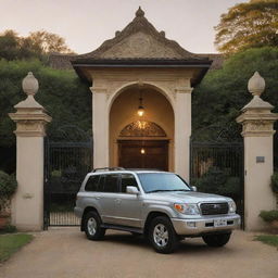 A gleaming Toyota Land Cruiser parked outside a grand villa's ornate gate, bathed in gentle evening light.