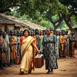 A poignant scene featuring an Indian woman and an African woman walking hand in hand through a rustic African village, each carrying a suitcase