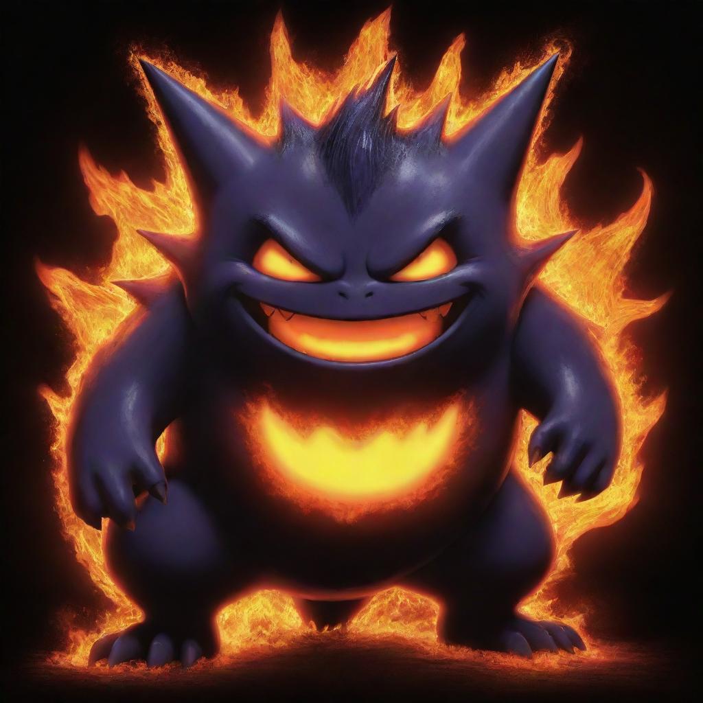 A fiery Gengar, combing its usual shadowy body with striking fire accents and glowing eyes surrounded by flames