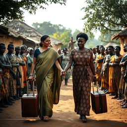 A poignant scene featuring an Indian woman and an African woman walking hand in hand through a rustic African village, each carrying a suitcase