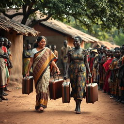 A poignant scene featuring an Indian woman and an African woman walking hand in hand through a rustic African village, each carrying a suitcase