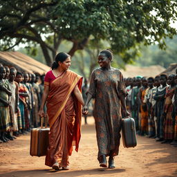 A poignant scene featuring an Indian woman and an African woman walking hand in hand through a rustic African village, each carrying a suitcase