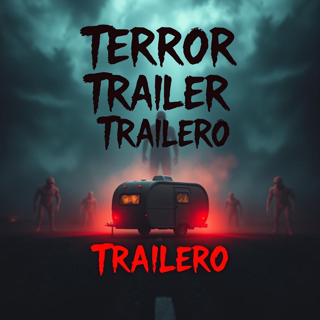 A chilling and suspenseful scene designed for a YouTube thumbnail, featuring a miniature trailer surrounded by eerie fog on a dark road