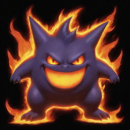 A fiery Gengar, combing its usual shadowy body with striking fire accents and glowing eyes surrounded by flames