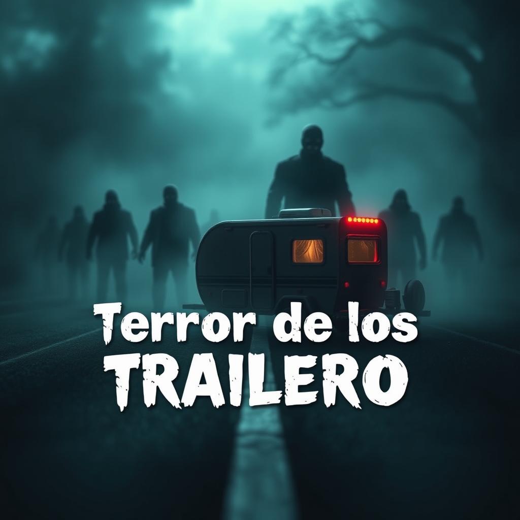 A chilling and suspenseful scene designed for a YouTube thumbnail, featuring a miniature trailer surrounded by eerie fog on a dark road