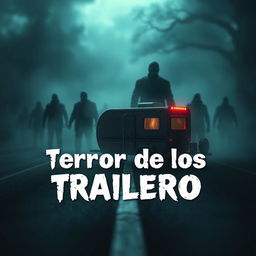 A chilling and suspenseful scene designed for a YouTube thumbnail, featuring a miniature trailer surrounded by eerie fog on a dark road