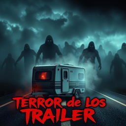 A chilling and suspenseful scene designed for a YouTube thumbnail, featuring a miniature trailer surrounded by eerie fog on a dark road