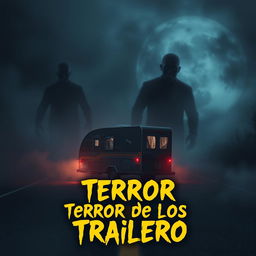 A chilling and suspenseful scene designed for a YouTube thumbnail, featuring a miniature trailer surrounded by eerie fog on a dark road