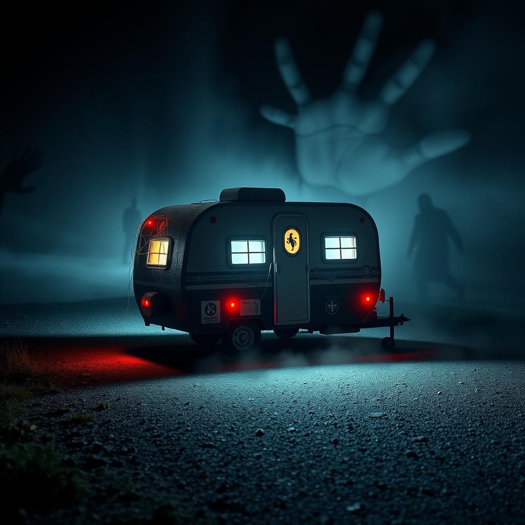 An eye-catching and suspenseful scene for a YouTube thumbnail, featuring a dramatically lit miniature trailer parked ominously on a deserted road at night