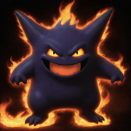 A fiery Gengar, combing its usual shadowy body with striking fire accents and glowing eyes surrounded by flames