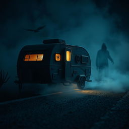 An eye-catching and suspenseful scene for a YouTube thumbnail, featuring a dramatically lit miniature trailer parked ominously on a deserted road at night