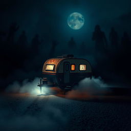 An eye-catching and suspenseful scene for a YouTube thumbnail, featuring a dramatically lit miniature trailer parked ominously on a deserted road at night