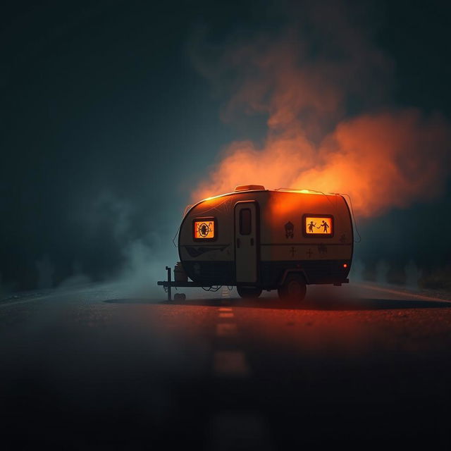 An eye-catching and suspenseful scene for a YouTube thumbnail, featuring a dramatically lit miniature trailer parked ominously on a deserted road at night