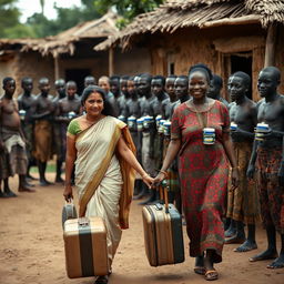 An evocative scene featuring an Indian woman and an African woman walking hand in hand through a rustic African village, both carrying a single suitcase