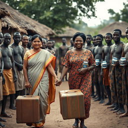 An evocative scene featuring an Indian woman and an African woman walking hand in hand through a rustic African village, both carrying a single suitcase