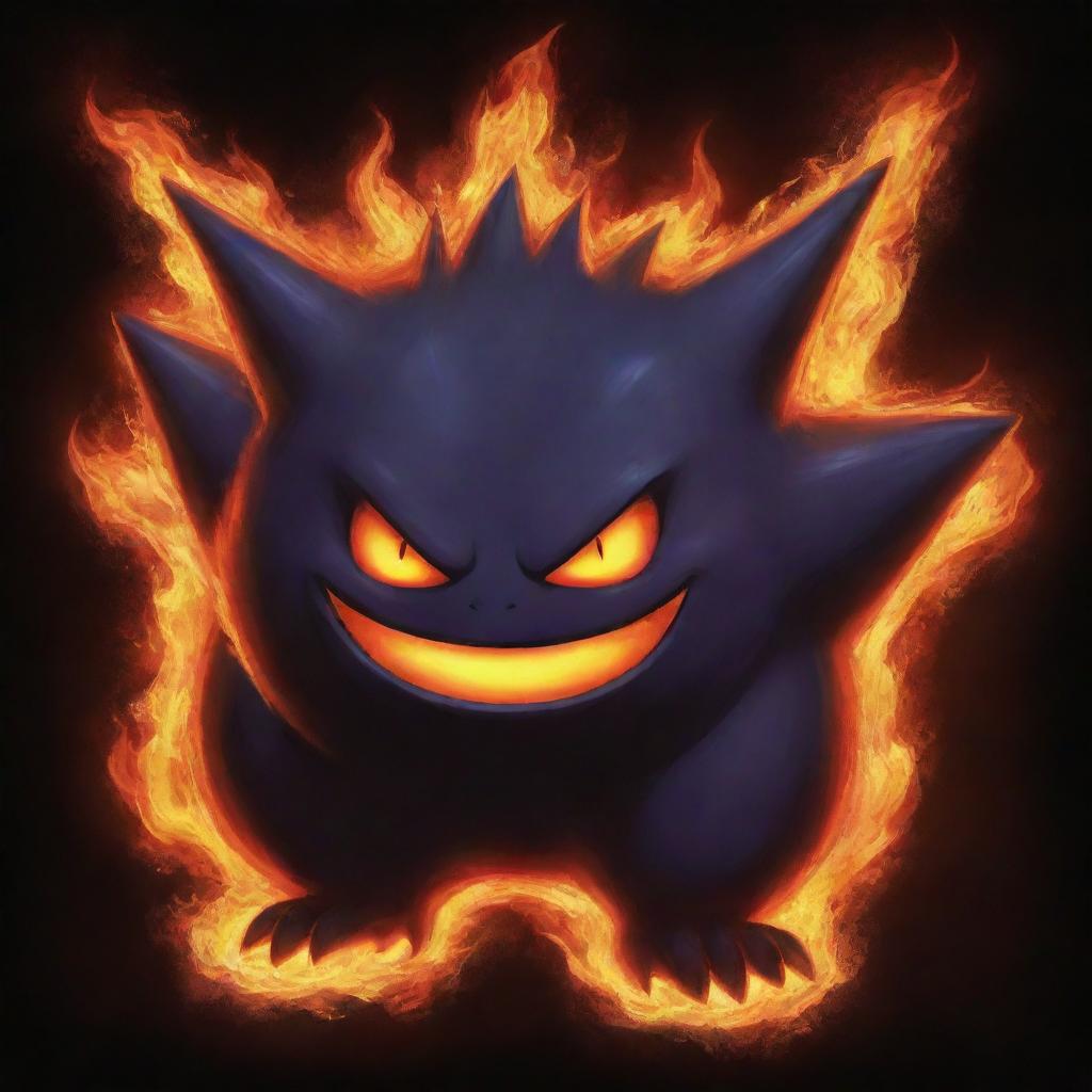 A fiery Gengar, combing its usual shadowy body with striking fire accents and glowing eyes surrounded by flames