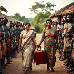 An evocative scene featuring an Indian woman and an African woman walking hand in hand through a rustic African village, both carrying a single suitcase