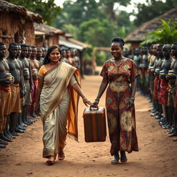 An evocative scene featuring an Indian woman and an African woman walking hand in hand through a rustic African village, both carrying a single suitcase