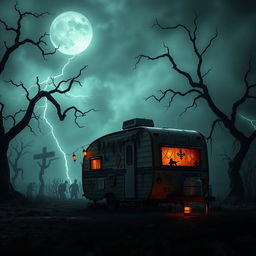 A captivating and spooky scene designed for a YouTube thumbnail, featuring a miniature trailer parked under a hauntingly foggy night sky