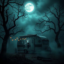 A captivating and spooky scene designed for a YouTube thumbnail, featuring a miniature trailer parked under a hauntingly foggy night sky