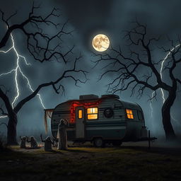 A captivating and spooky scene designed for a YouTube thumbnail, featuring a miniature trailer parked under a hauntingly foggy night sky