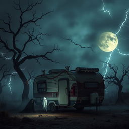 A captivating and spooky scene designed for a YouTube thumbnail, featuring a miniature trailer parked under a hauntingly foggy night sky