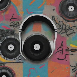 Generate an abstract representation of hip hop beats. Include musically relevant elements such as records, sound waves, graffiti, microphones, and headphones.